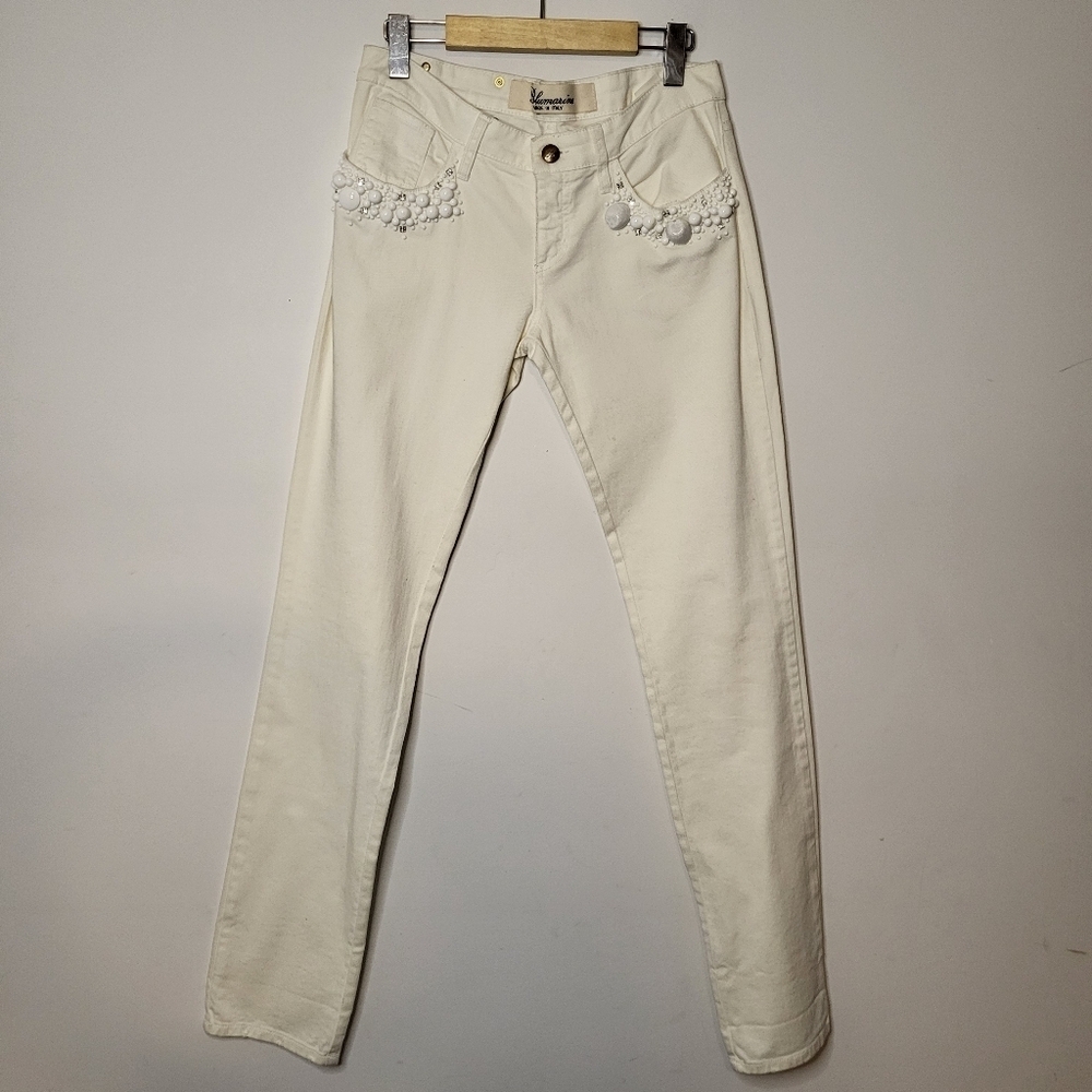 Blumarine Straight Leg Regular Embellished Rhinestone Jeans Off White Size 42